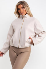 zara womens beige bomber jacket with high collar styledup uk