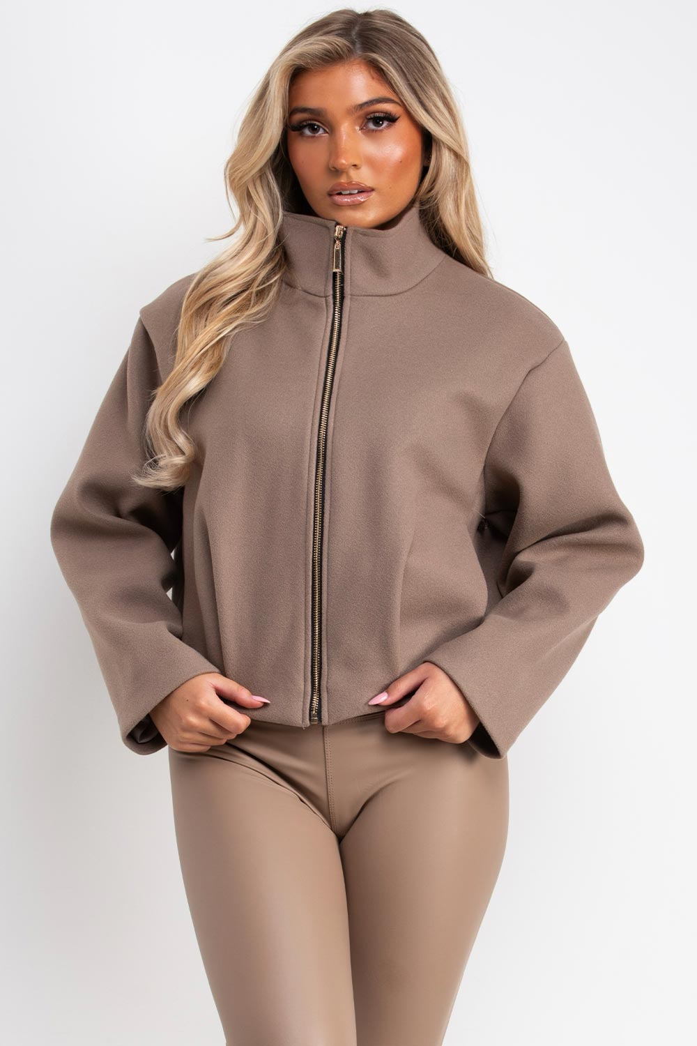 zara womens taupe bomber jacket with high collar styledup uk