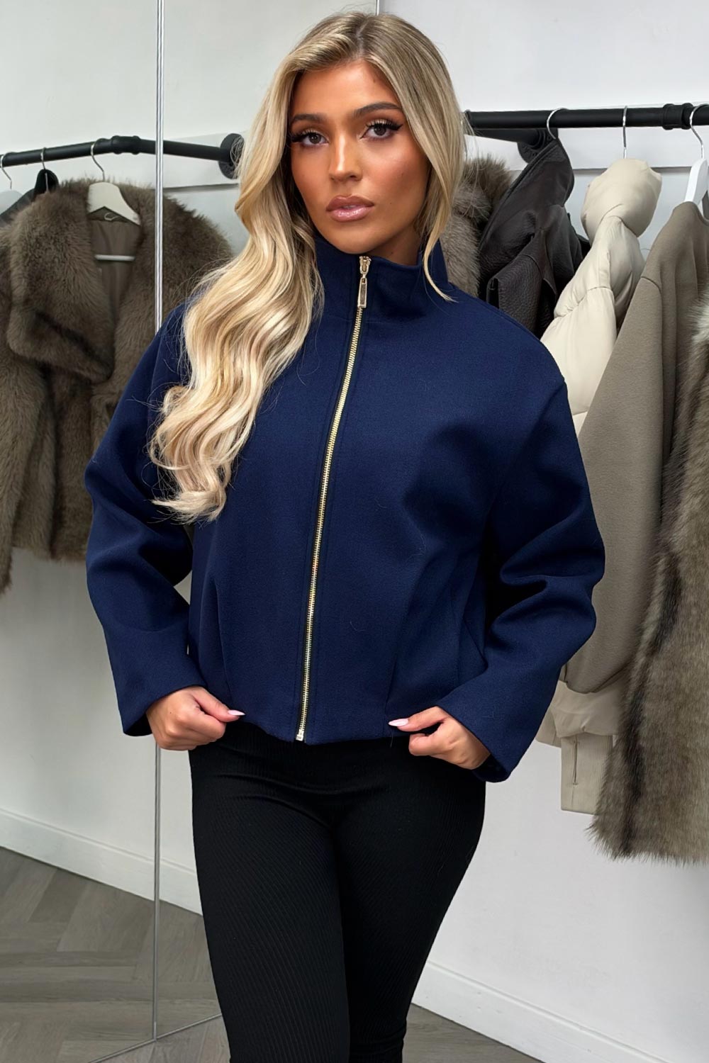 zara womens navy bomber jacket with high collar styledup uk