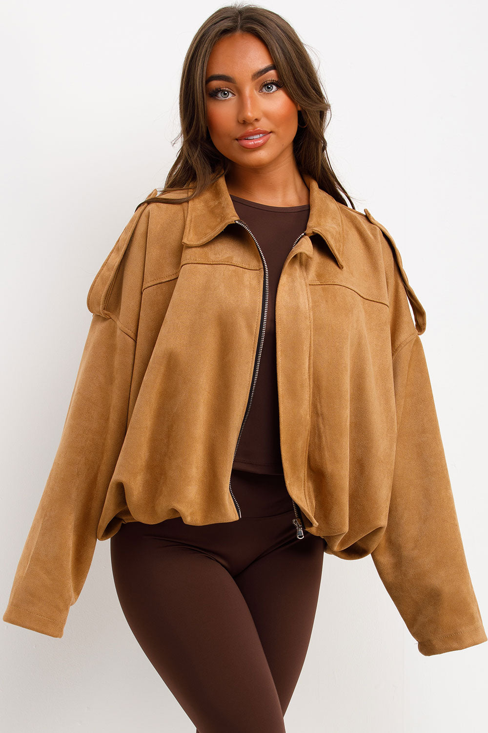 womens faux suede bomber jacket with elasticated hem 