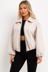 zara womens grey bomber jacket with collar and double welt pockets zip up outerwear styledup
