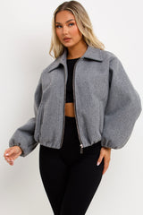 womens zara puffed bomber jacket with zip up front pockets 