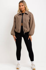 zara womens taupe bomber jacket with collar and double welt pockets zip up outerwear styledup