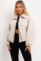 womens zara puffed bomber jacket with zip up front pockets 