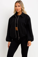 zara womens black bomber jacket with collar and double welt pockets zip up outerwear styledup