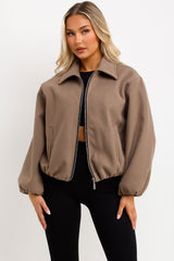 womens zara puffed bomber jacket with zip up front pockets 