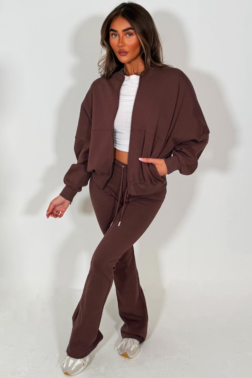 zara womens bomber sweatshirt and flare leg trouser two piece loungewear set brown tracksuit styledup