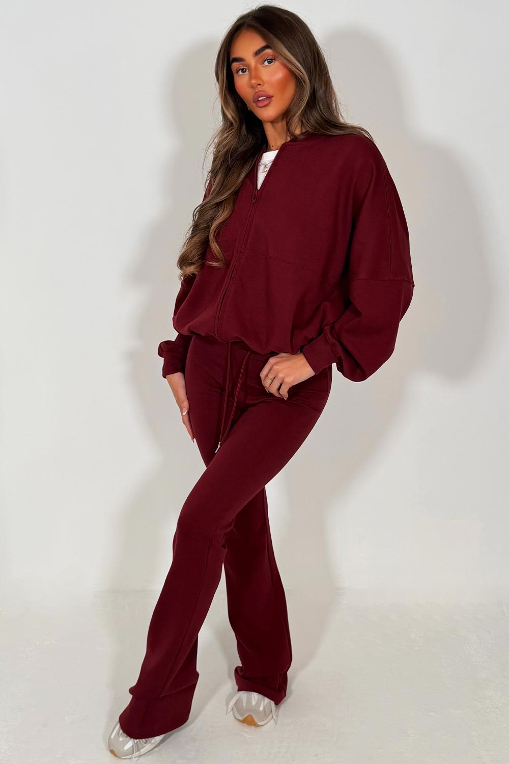 zara womens bomber sweatshirt and flare leg trouser two piece loungewear set burgundy tracksuit styledup