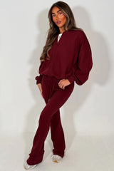 zara womens bomber sweatshirt and flare leg trouser two piece loungewear set burgundy tracksuit styledup