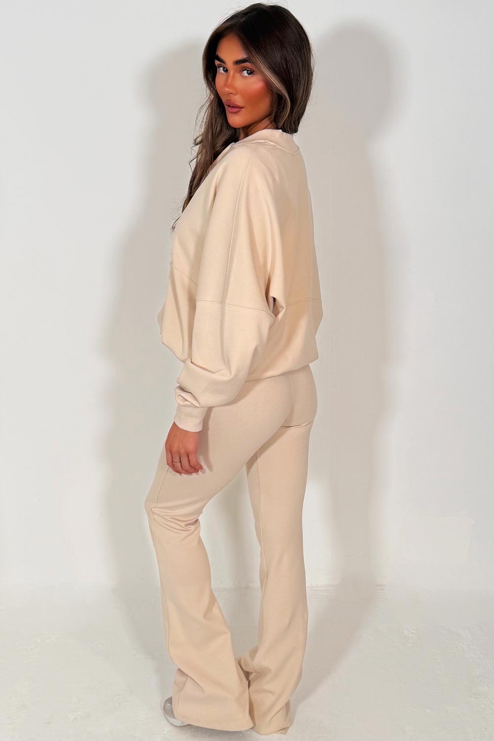 zara womens bomber sweatshirt and flare leg trouser two piece loungewear set oatmeal tracksuit styledup