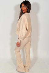 zara womens bomber sweatshirt and flare leg trouser two piece loungewear set oatmeal tracksuit styledup