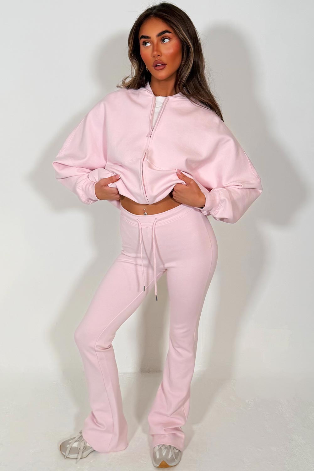 zara womens bomber sweatshirt and flare leg trouser two piece loungewear set pink tracksuit styledup