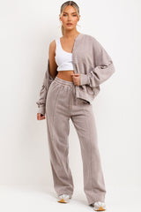 womens bomber jacket and straight leg joggers two piece tracksuit set faded stonewashed