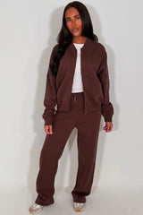 zara womens bomber sweatshirt and straight leg joggers two piece loungewear set brown tracksuit