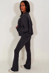 zara womens bomber sweatshirt and flare leg trouser two piece loungewear set charcoal tracksuit styledup