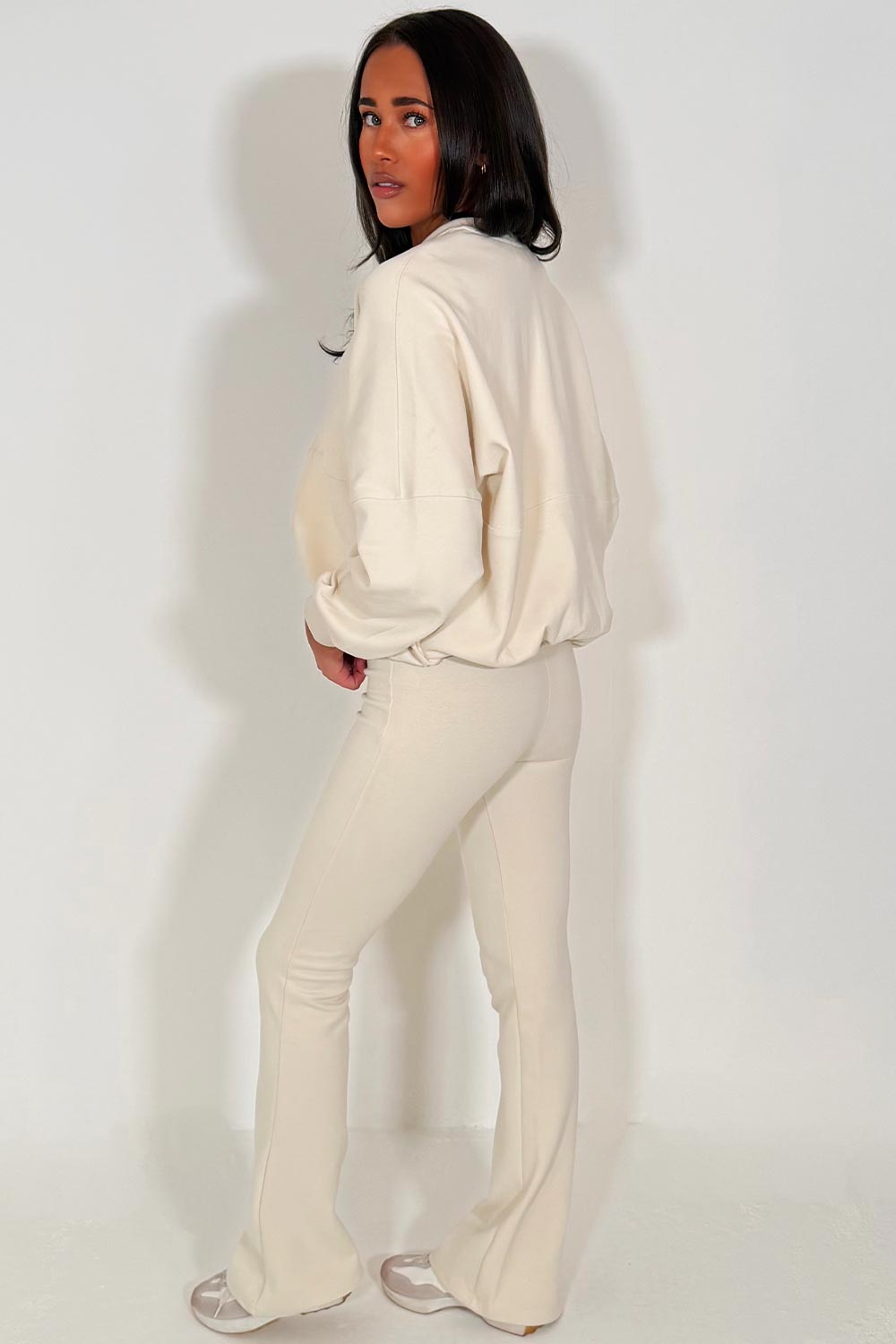 zara womens bomber sweatshirt and flare leg trouser two piece loungewear set ecru tracksuit styledup