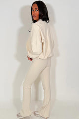 zara womens bomber sweatshirt and flare leg trouser two piece loungewear set ecru tracksuit styledup