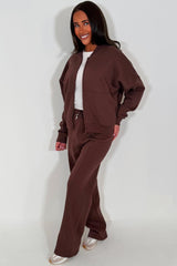 womens brown zara bomber sweatshirt and straight leg joggers loungewear set