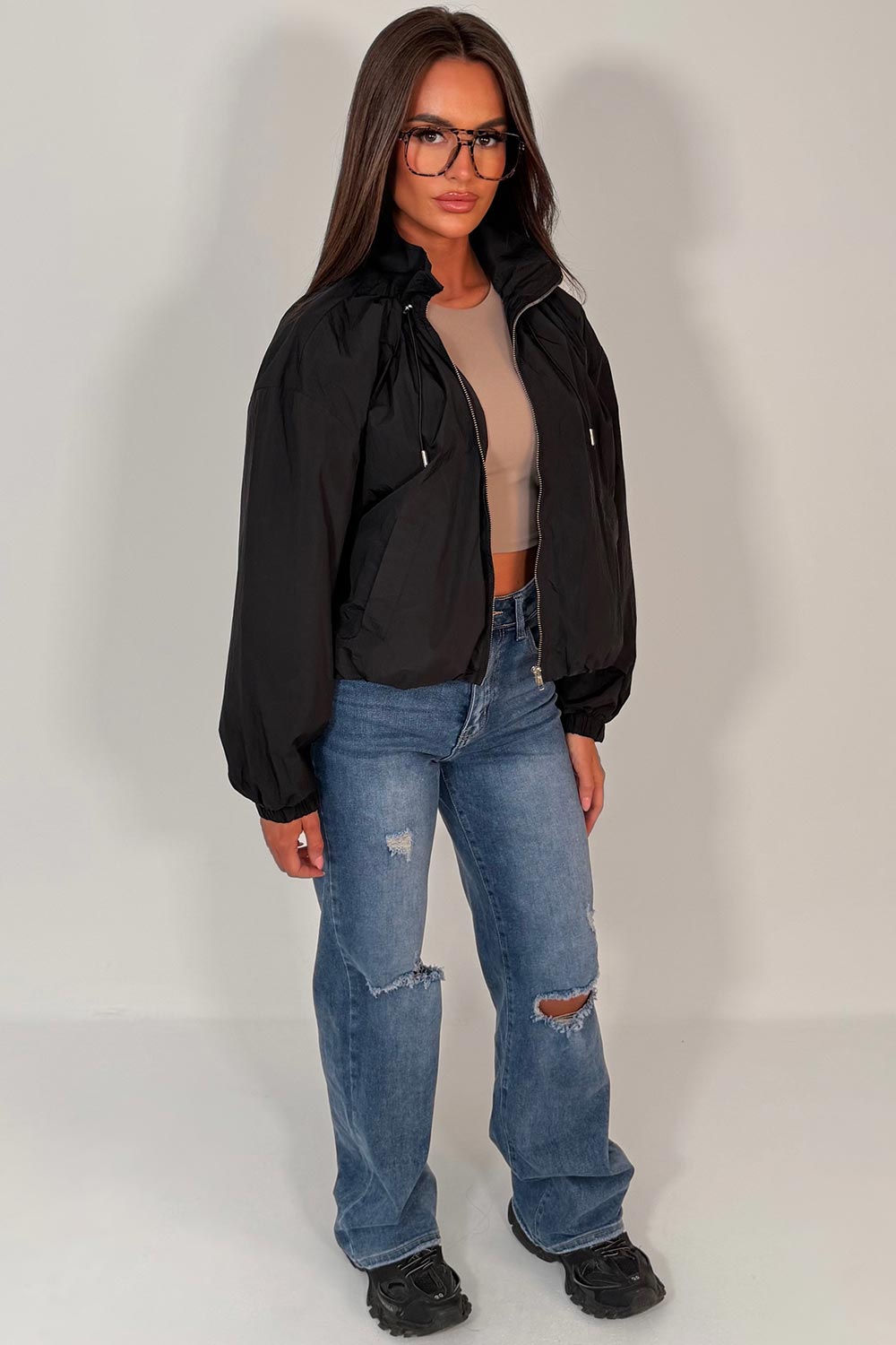 black funnel neck jacket with cinched waist womens uk