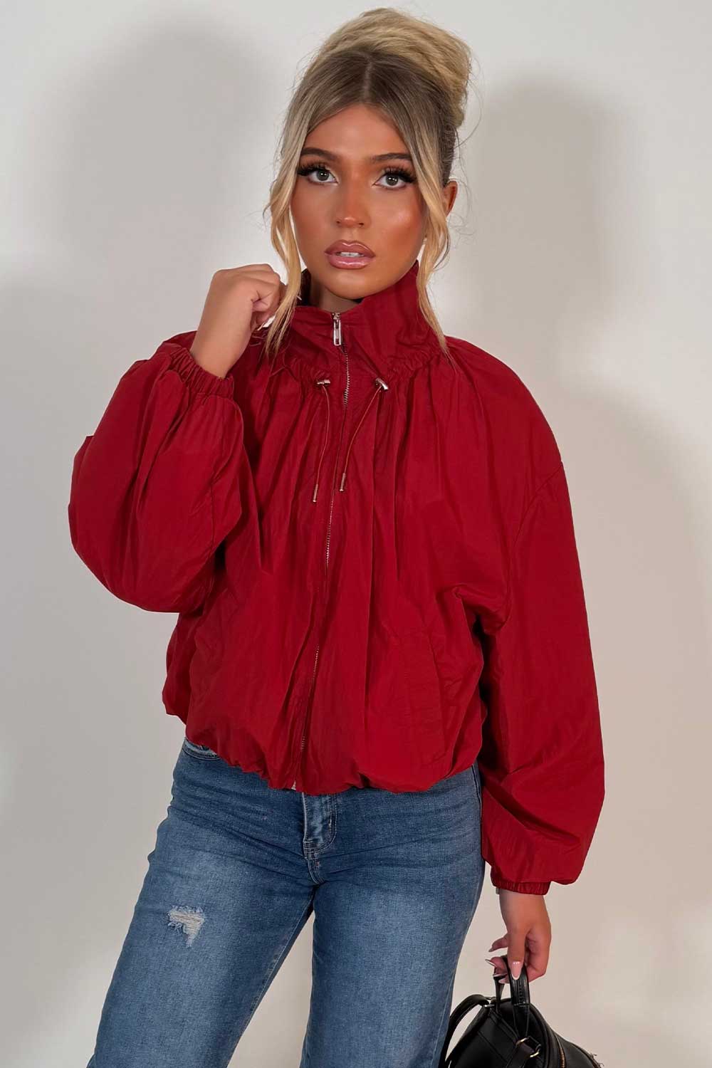 womens long sleeve funnel neck burgundy windbreaker jacket styledup uk