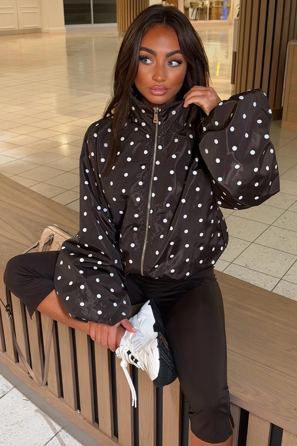 brown nylon jacket with funnel neck polka dot print styledup uk
