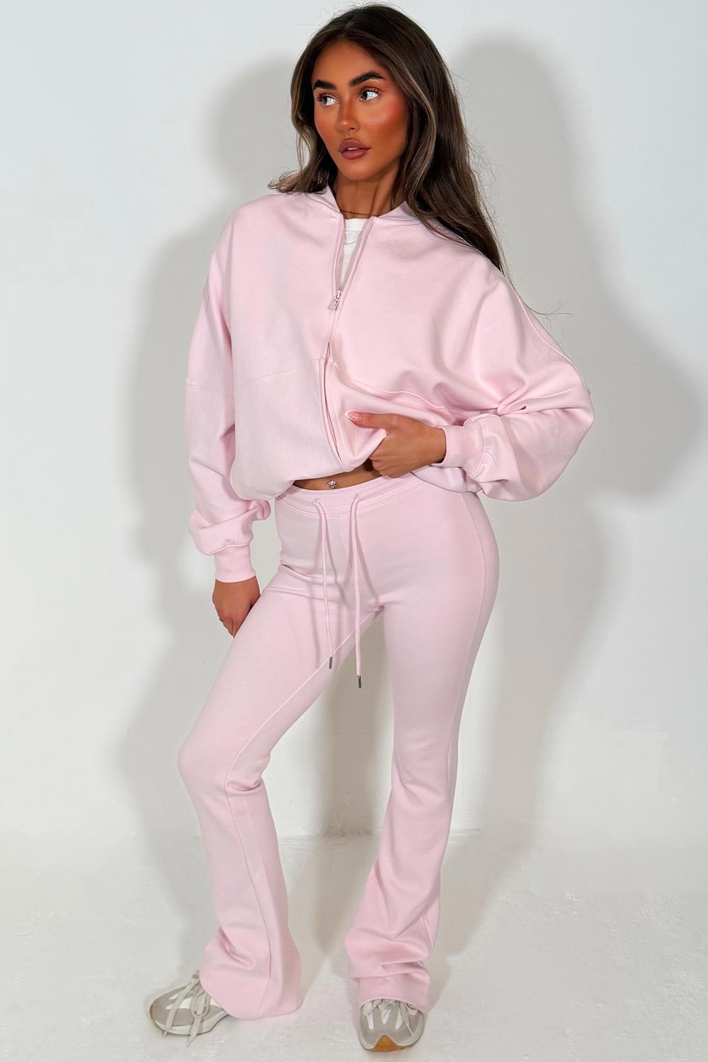 interlock bomber sweatshirt and bell bottom trousers two piece loungewear set zara womens uk