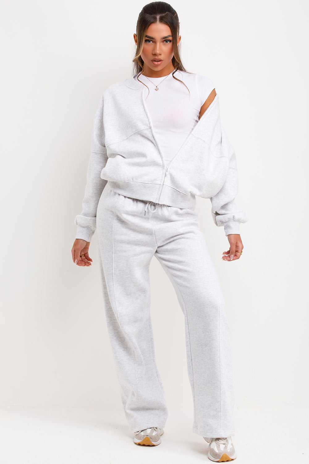 womens zara bomber sweatshirt tee shirt and straight leg joggers loungewear set tracksuit co ord styled up