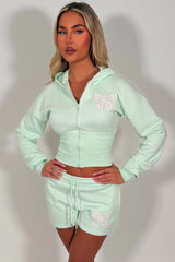 crop hoodie with cinched waist and shorts tracksuit with bow detail two piece co ord set airport outfit white fox womens uk