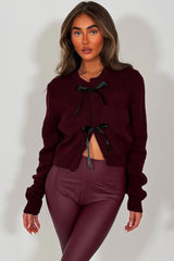 knitted cardigan with satin bows on the front burgundy styledup 