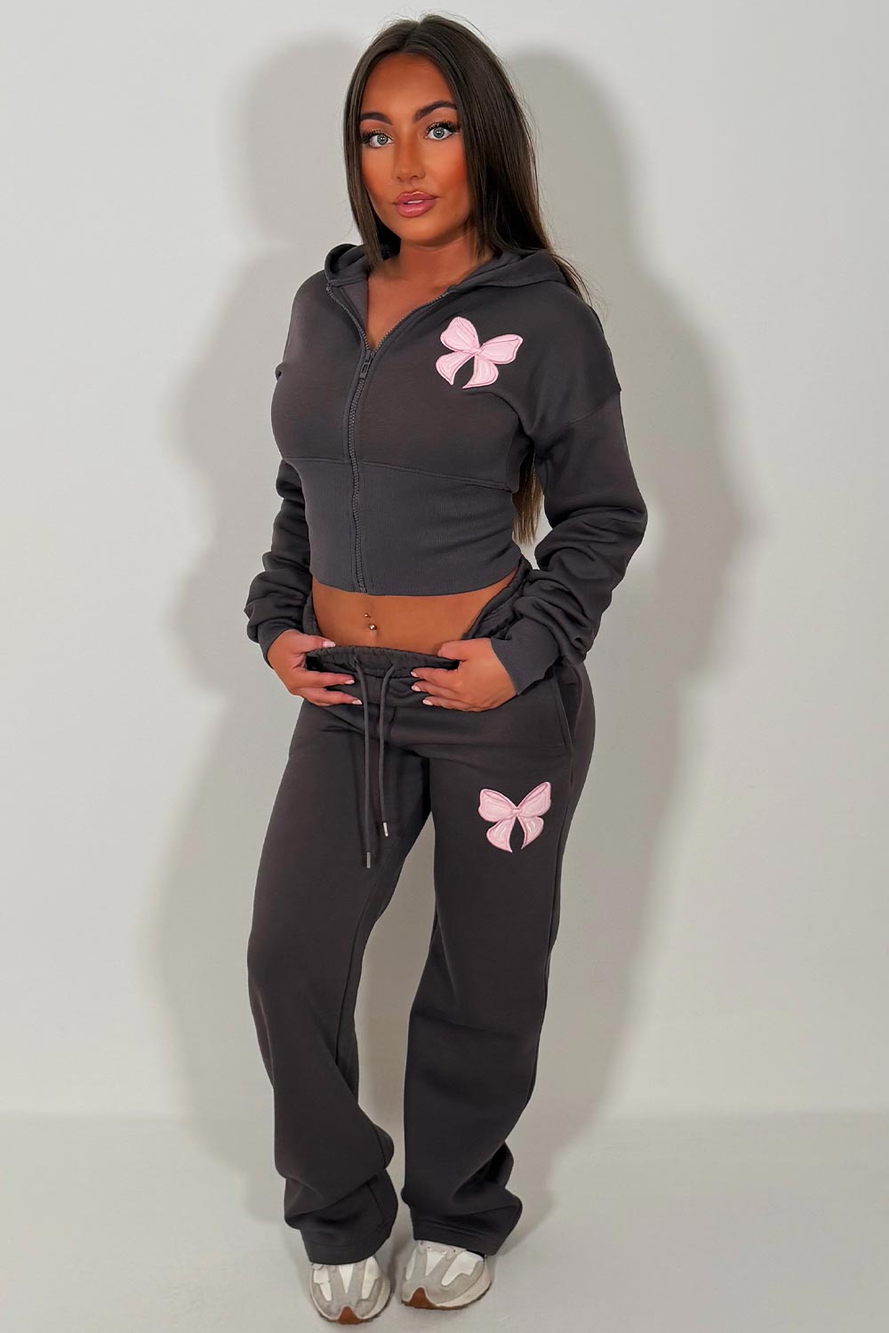 womens joggers and crop corset hoodie tracksuit set two piece with contrast bow embroidery airport outfit uk zara 