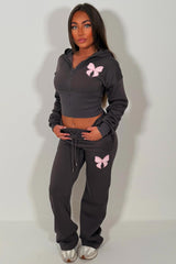 womens joggers and crop corset hoodie tracksuit set two piece with contrast bow embroidery airport outfit uk zara 