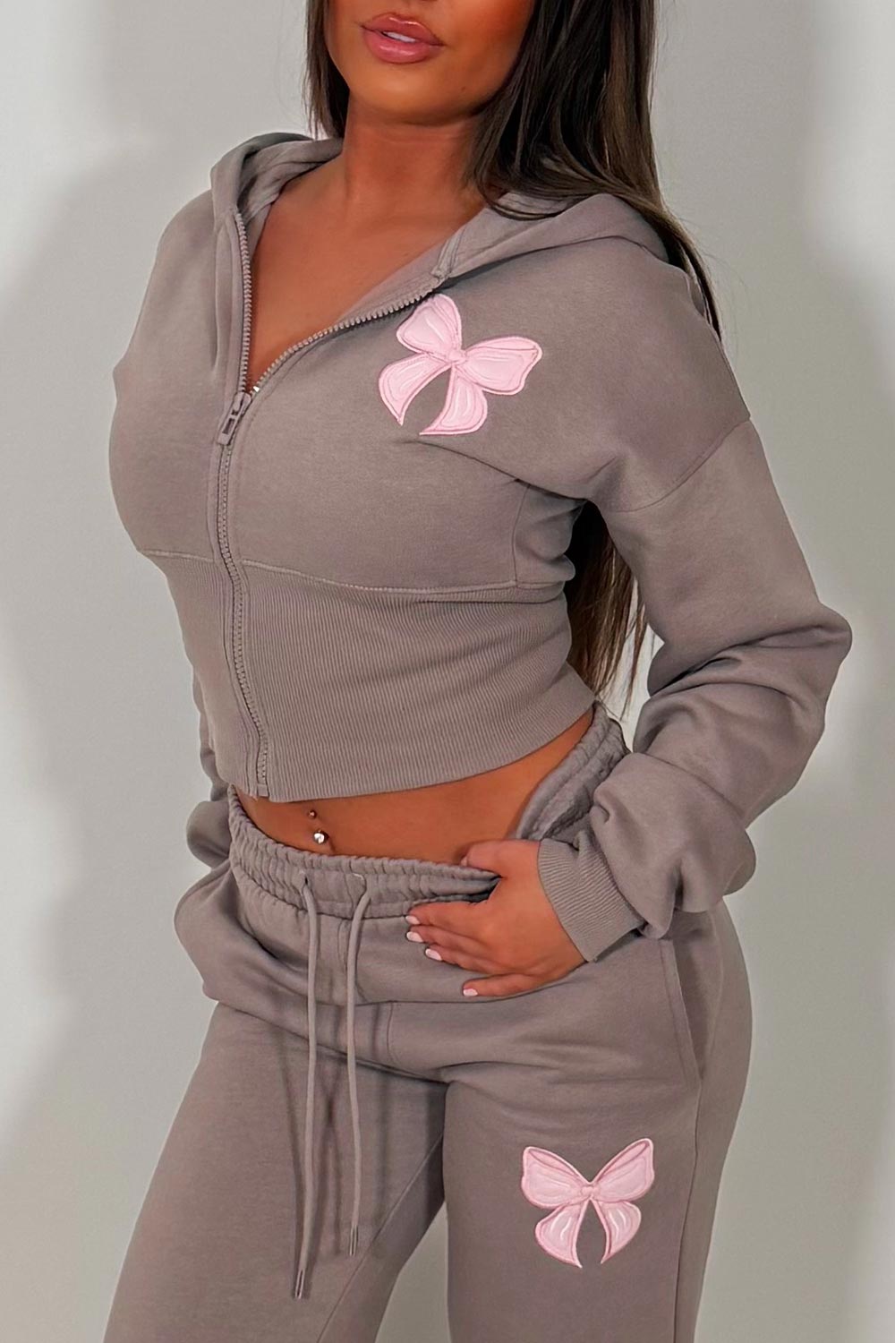 womens joggers and crop corset hoodie tracksuit set two piece with contrast bow embroidery airport outfit uk zara 