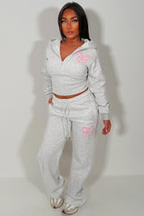womens joggers and crop corset hoodie tracksuit set two piece with contrast bow embroidery airport outfit uk zara 