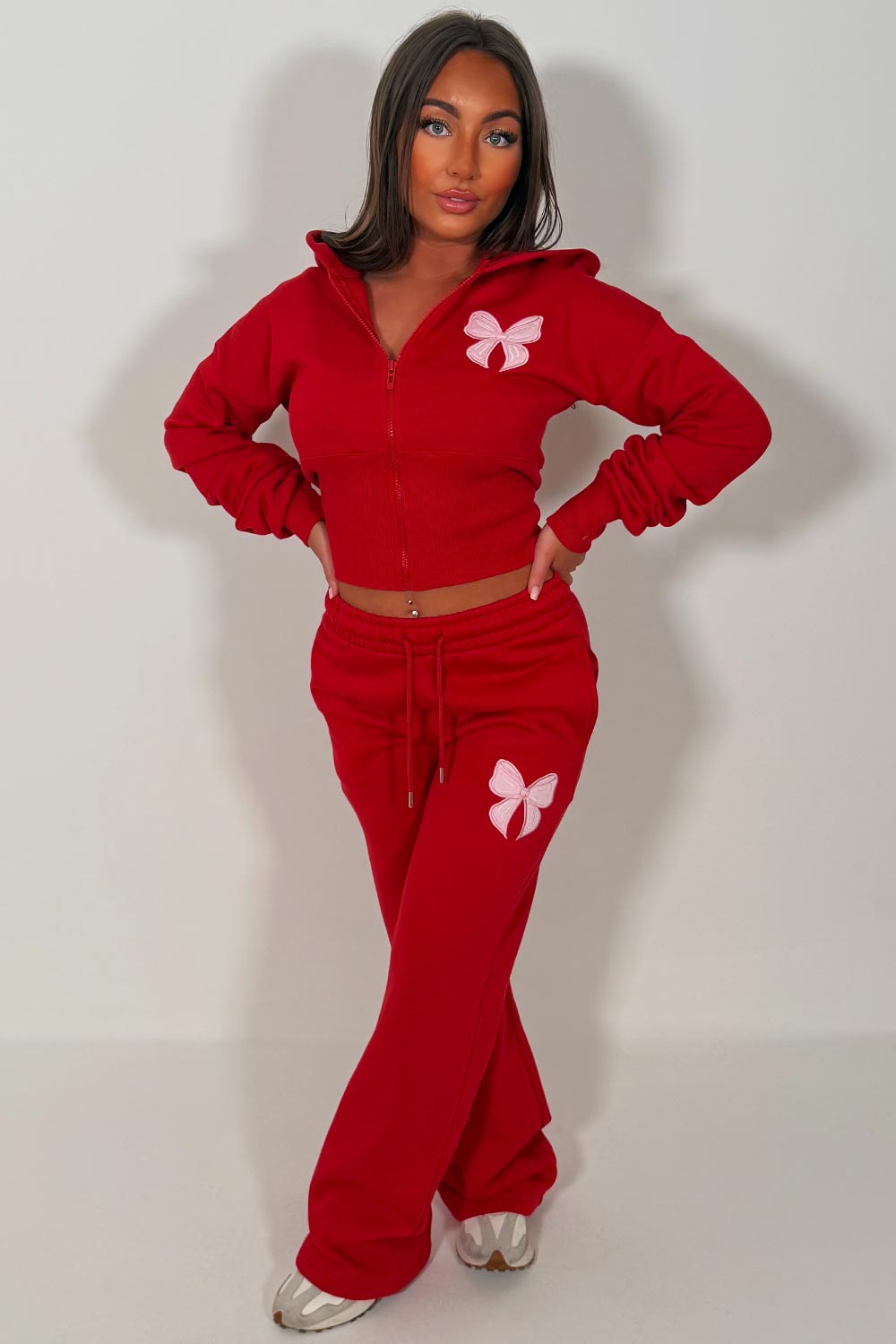 womens joggers and crop corset hoodie tracksuit set two piece with contrast bow embroidery airport outfit uk zara 