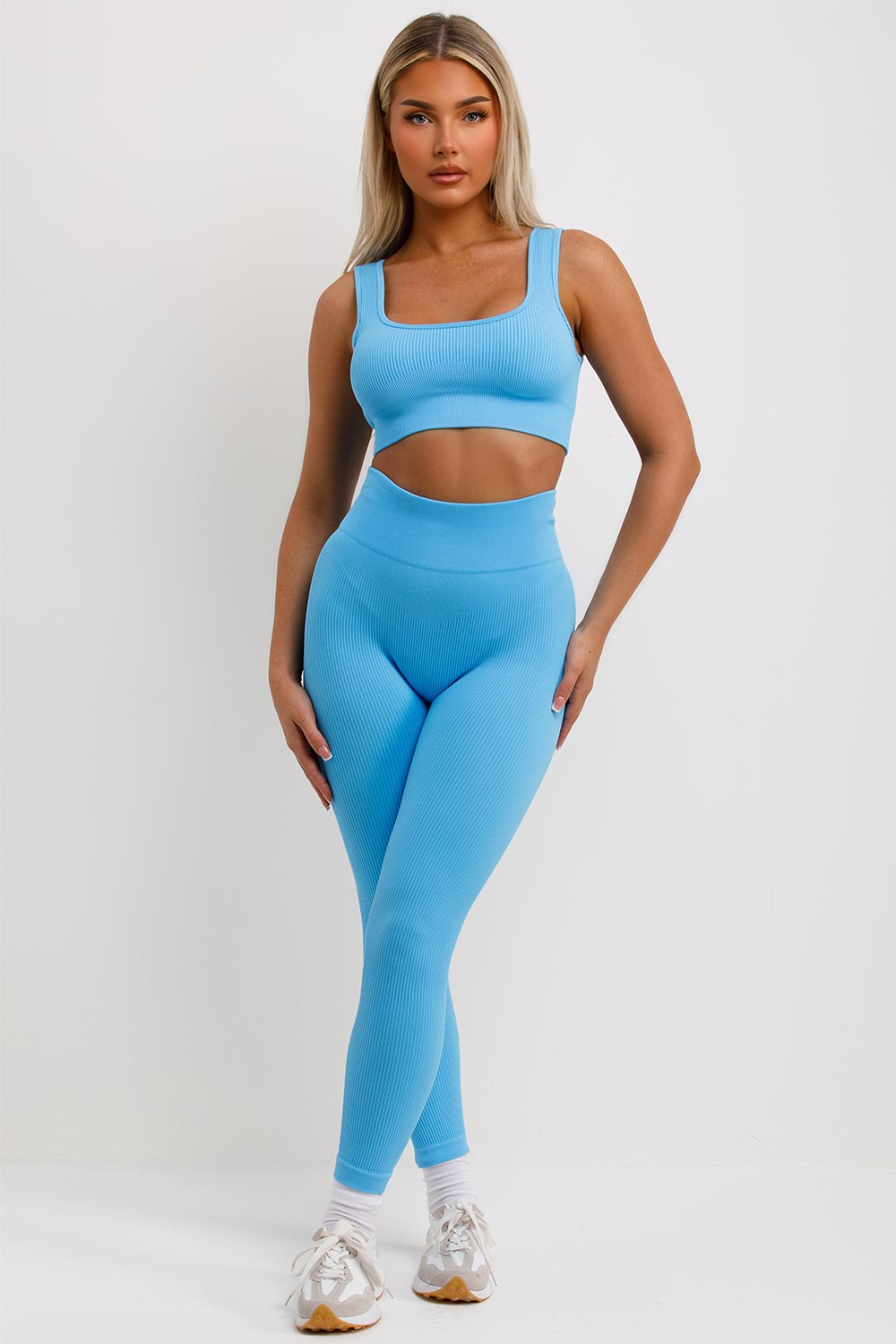 womens ribbed high waist leggings and crop top co ord set