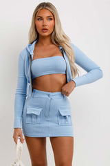 summer festival holiday cargo mini skirt bandeau top and crop hoodie three piece outfit uk