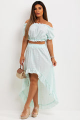 broderie anglaise high low ruffle frilly skirt and off shoulder crop top co ord set