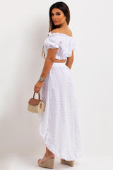 broderie anglaise off shoulder crop top and high low mullet skirt two piece set
