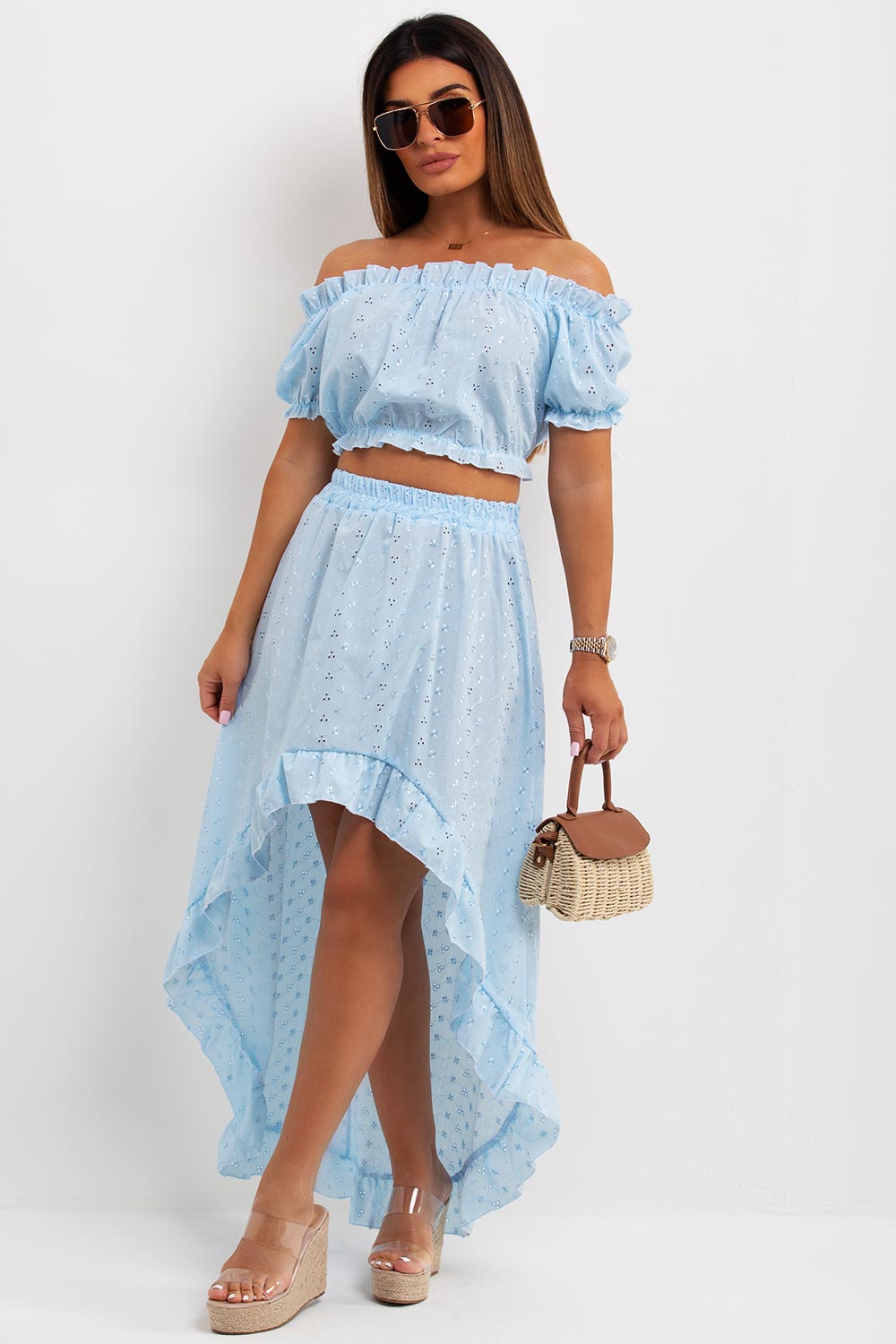broderie anglaise ruffle frill high low mullet skirt and off shoulder top co ord set