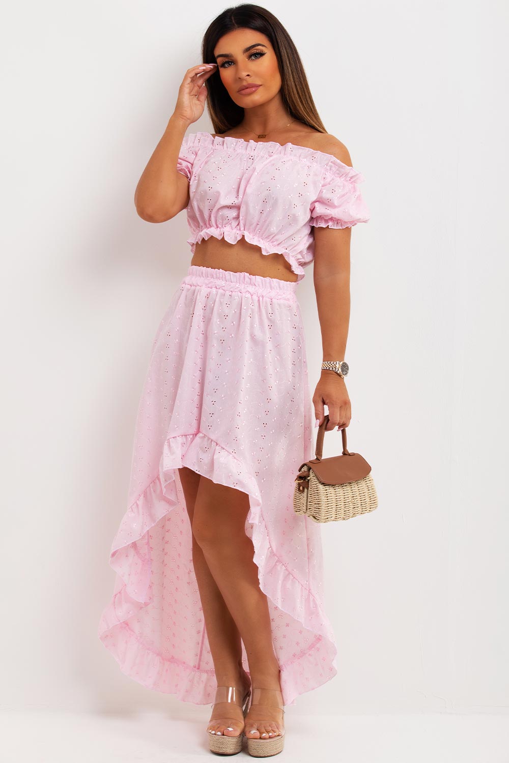 broderie anglaise high low skirt and off shoulder crop top co ord set uk