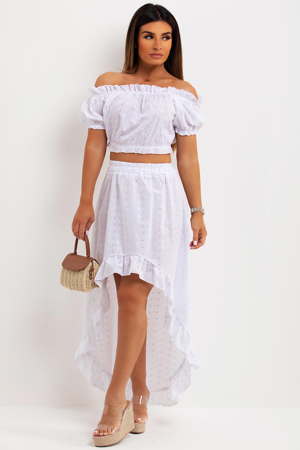 broderie anglaise off shoulder crop top and high low skirt co ord set