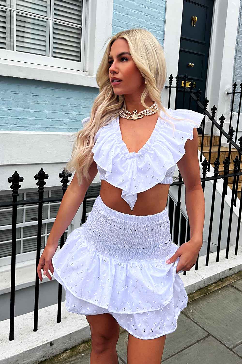 broderie anglaise rara frilly skirt and crop top co ord set uk 