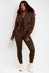 womens brown padded puffer ski jacket with fur hood styledup uk