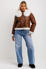 womens faux leather crop aviator jacket with faux fur collar