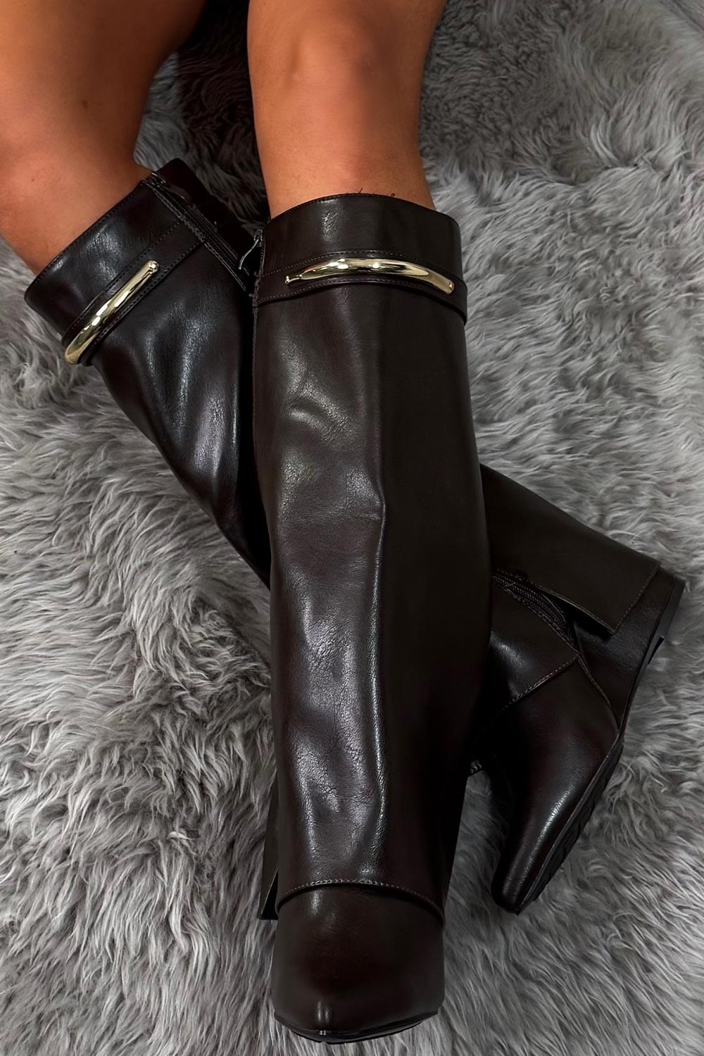 womens faux leather fold over knee high cowboy boots with gold buckle 