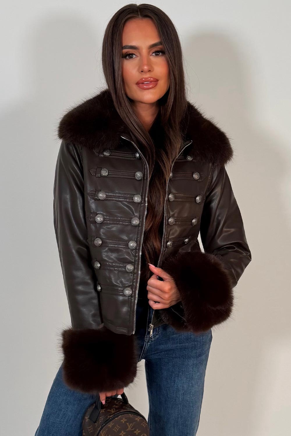 womens brown faux collar faux fur cuff faux leather jacket military styledup uk