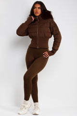 faux fur hood puffer padded jacket brown womens winter outerwear styledup uk