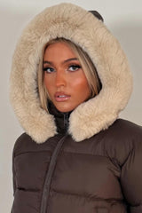 womens faux fur hooded padded puffer jacket for winter cropped length really warm and weather resistant styledup uk