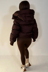 padded puffer crop jacket with hood brown 