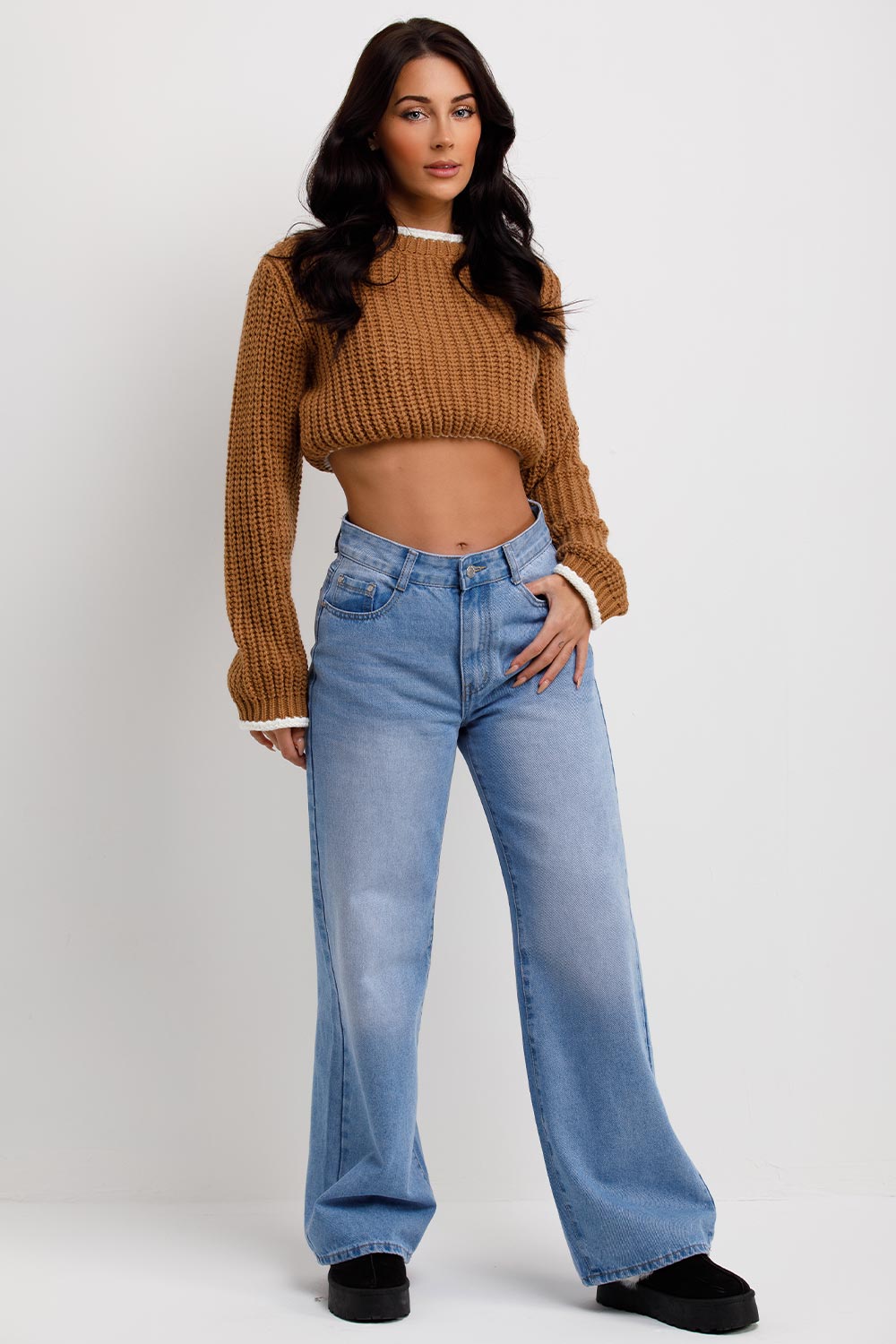 womens long sleeve crop knitted jumper with contrast stitching